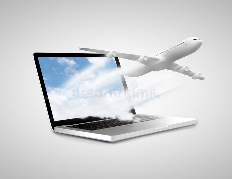 Laptop with airplane stock photo. Image of connection 35439538