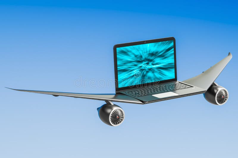 Laptop with airplane wings, turbo boost concept. 3D rendering vector illustration