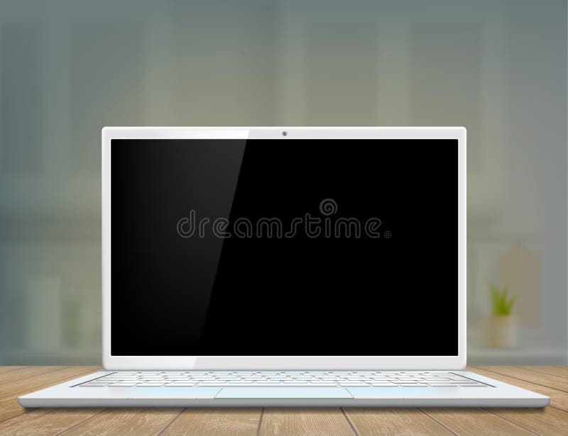 Laptop With A Black Screen On The Desk Of The Workplace. Stock Vector