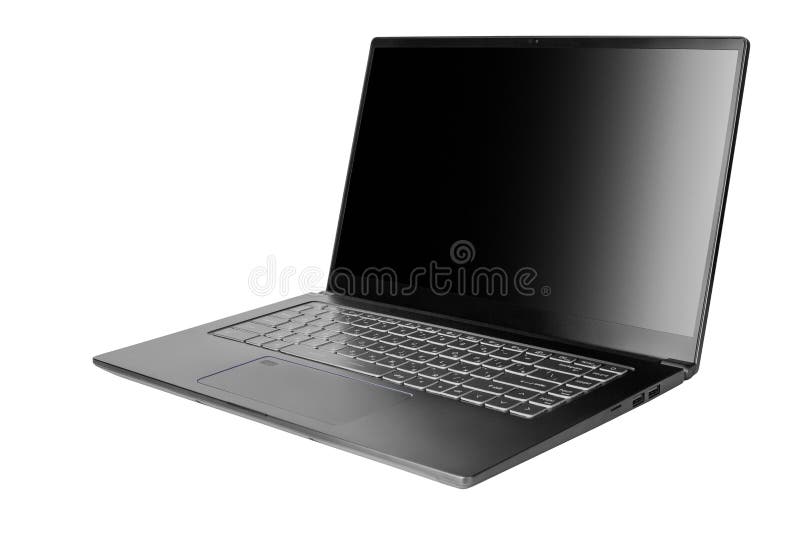 Laptop with Blank Black Screen on White Background Isolated Close Up