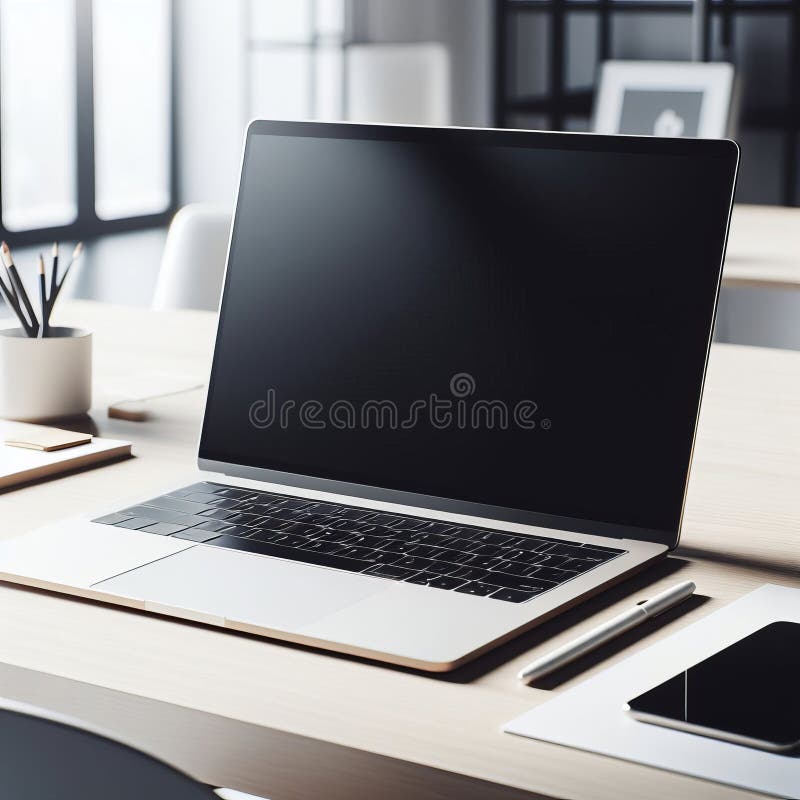 Laptop with blank screen on a desk in a modern office AI generated. Laptop with blank screen on a desk in a modern office AI generated