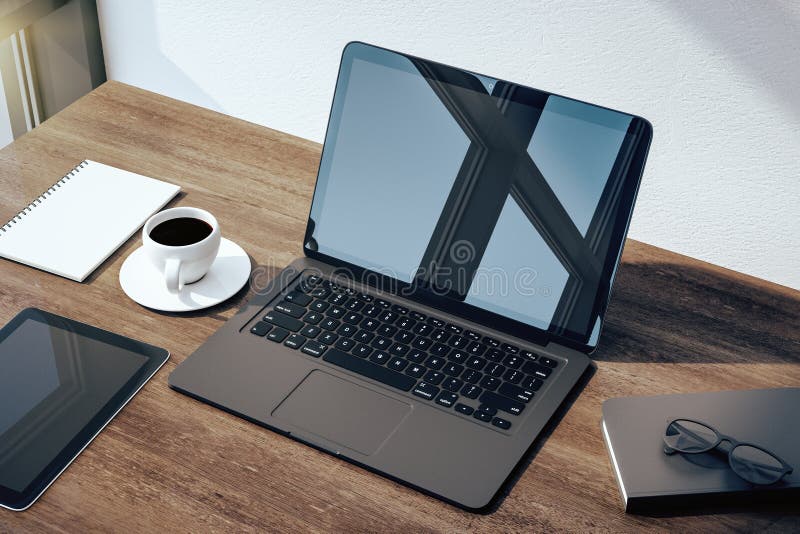 Laptop with blank screen on office table with coffee cup and supplies. Mock up, 3D Rendering