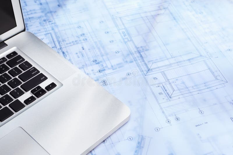 Laptop and blueprint stock image. Image of paper, plan 20168391