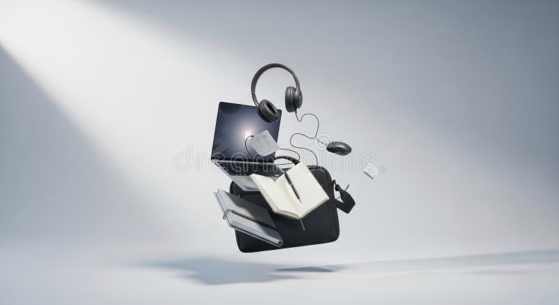 A laptop, a book, and a bag are flying in the air royalty free illustration