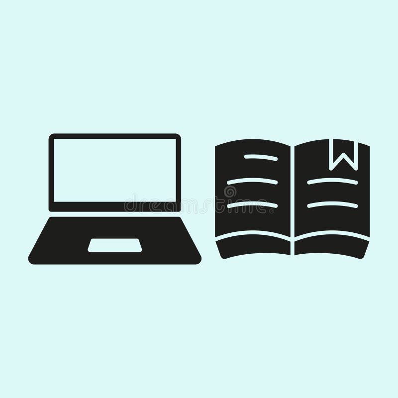 Laptop and book with bookmark icon represents focused learning, digital reading, and modern education tools stock illustration