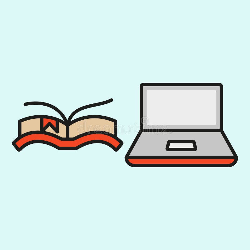 Laptop and book with bookmark icon represents focused learning, digital reading, and modern education tools vector illustration