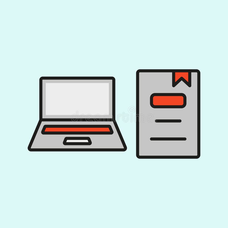 Laptop and book with bookmark icon represents focused learning, digital reading, and modern education tools vector illustration