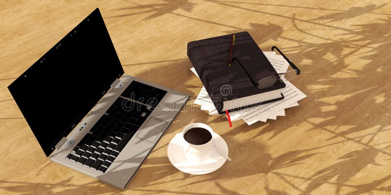 Laptop book coffee on wood floor royalty free illustration