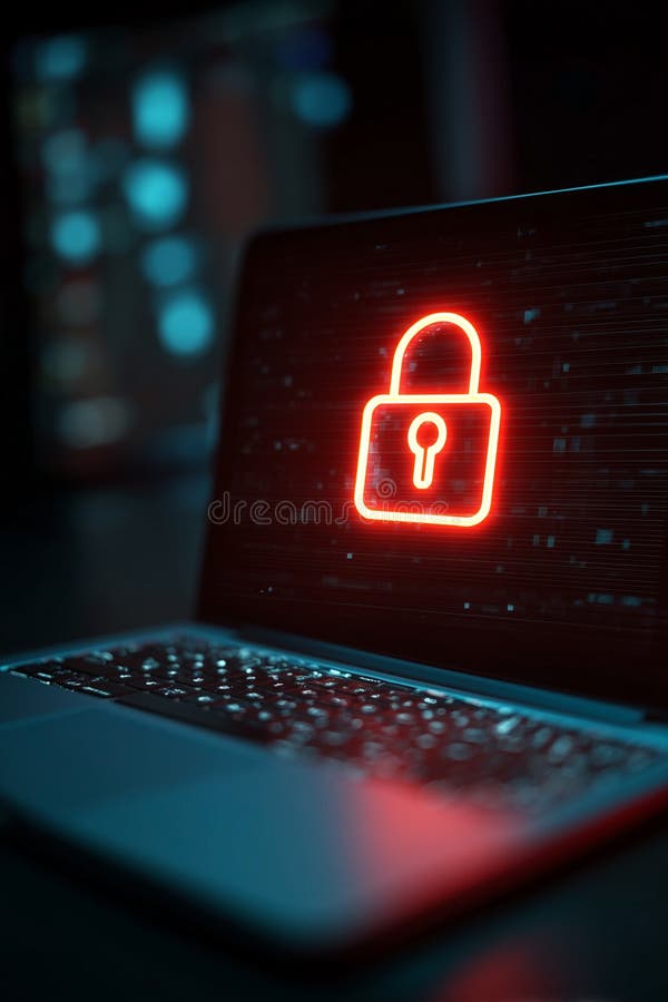 Laptop screen displays an illuminated red padlock, symbolizing digital security, data protection, and online privacy with a modern royalty free illustration