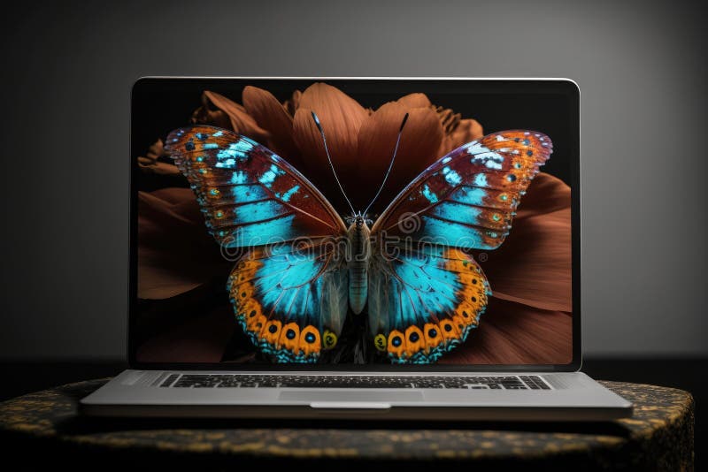 Laptop, with Butterfly on the Screen, Ready for Work Stock Image