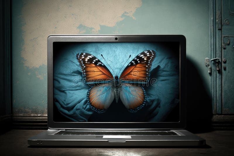 Laptop, with Butterfly on the Screen, Ready for Work Stock Image