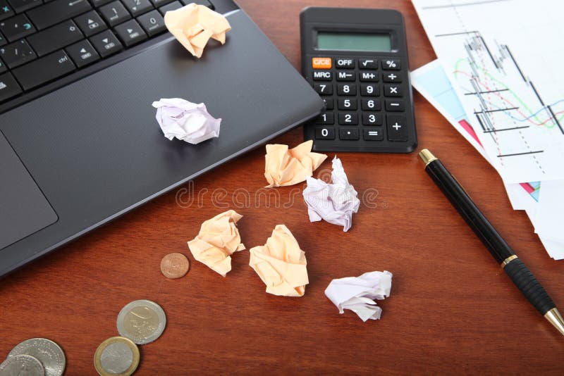 Laptop, Calculator, Cup of Coffee and Crumpled Paper Stock Photo Image of earnings, graph