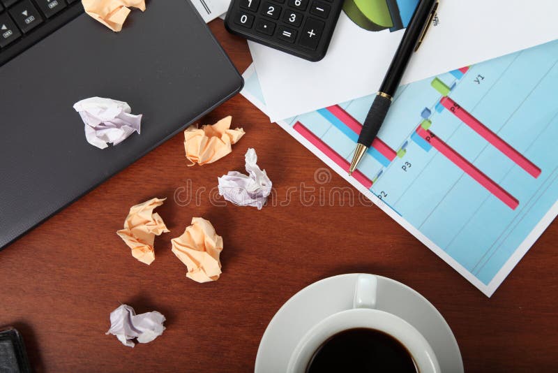 Laptop, Calculator, Cup of Coffee and Crumpled Paper Stock Image Image of crumpled, data 52828045
