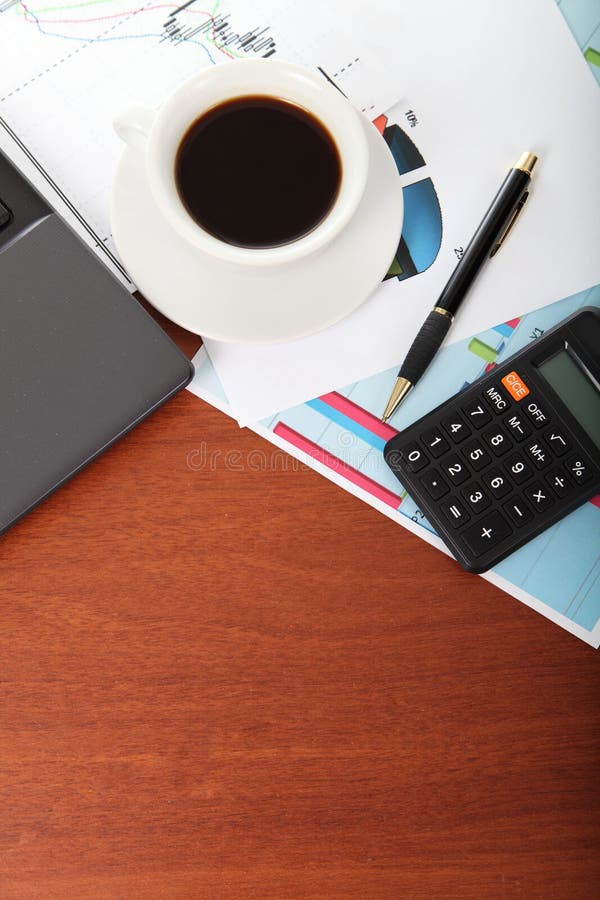 Laptop, Calculator, Cup of Coffee and Crumpled Paper Stock Photo Image of balance, exchange
