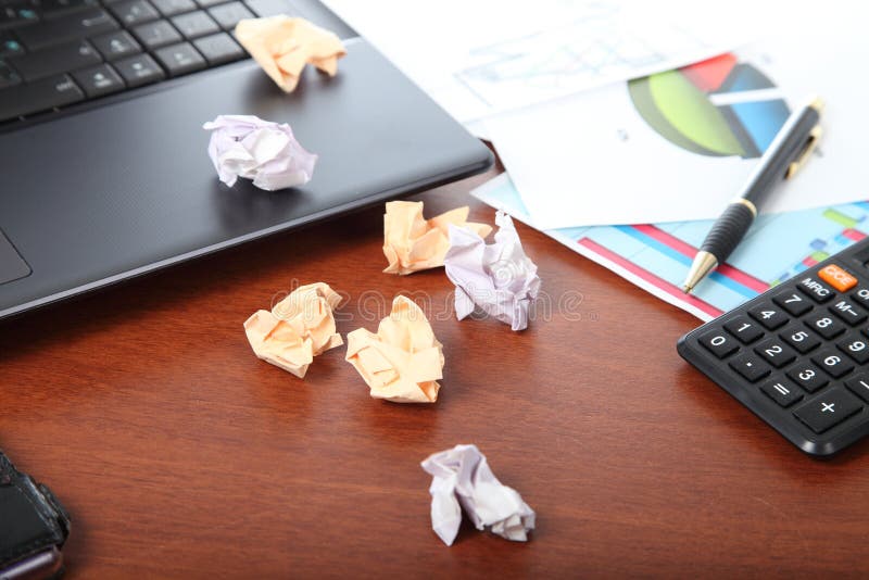 Laptop, Calculator, Cup of Coffee and Crumpled Paper Stock Photo Image of earnings, interest