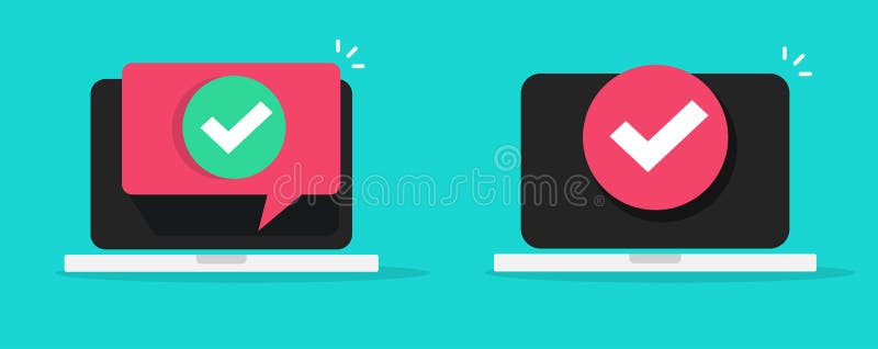 Laptop check mark test validation tick online icon vector graphic, computer pc digital verification checkmark notice message royalty free illustration