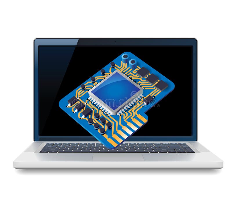 Laptop and circuit concept. Vector illustration for technical support, computer hardware store, repair service. Tech store vectors