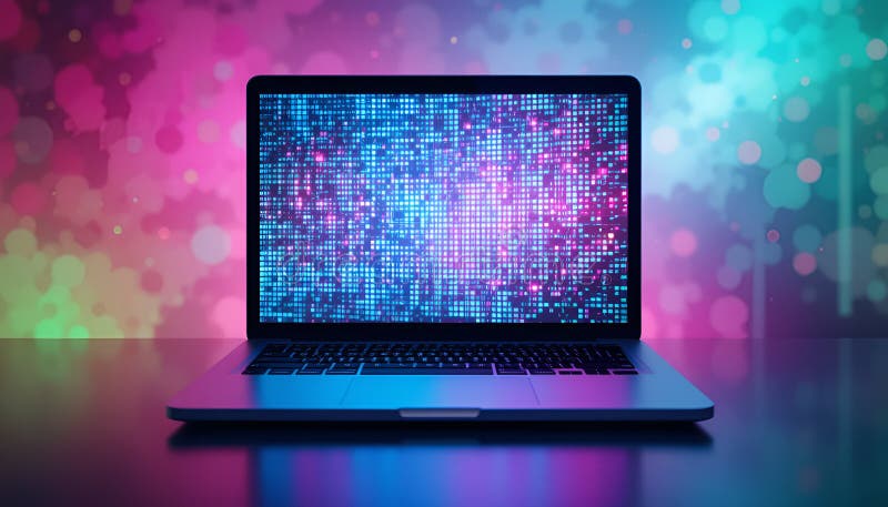 A laptop with a code on the screen, standing on a table in the server room. The digital matrix royalty free stock photography