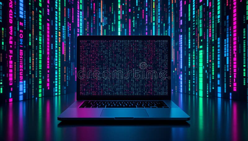 A laptop with a code on the screen, standing on a table in the server room. The digital matrix royalty free stock photography