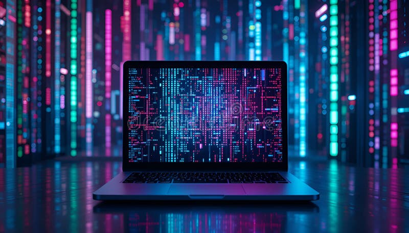 A laptop with a code on the screen, standing on a table in the server room. The digital matrix stock photo