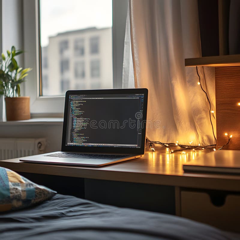 Laptop Coding at Night, Cozy Home Office Setup, Programmer Workspace, Illuminated by Fairy Lights, Soft Lighting, Window View vector illustration