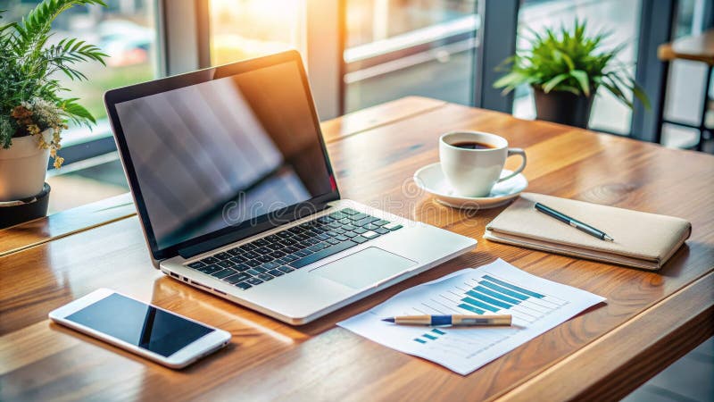 Laptop, Coffee, Smartphone And Supplies On Wooden Table In Home Office. Freelancer Workplace. Top View royalty free illustration