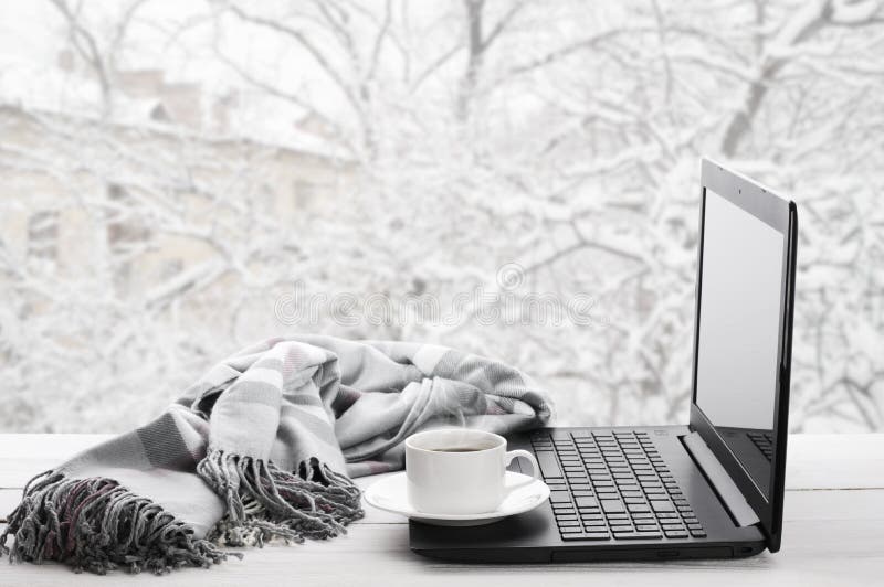 Laptop And Coffee On Winter Window Stock Photo - Image 