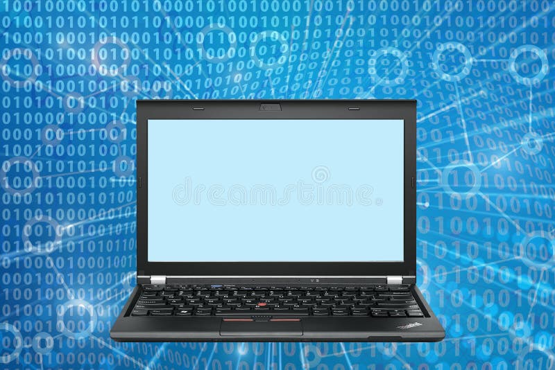 Laptop Computer with Blank Screen Copy Space on Binary Codes Stock