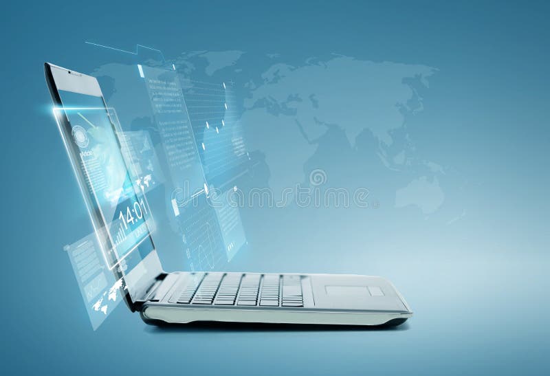 Laptop computer with chart and graphs on screen royalty free stock photos
