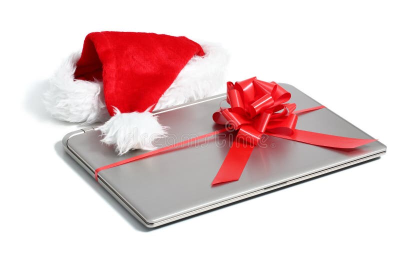 Laptop Computer Christmas Gift with a Ribbon Stock Photo Image of