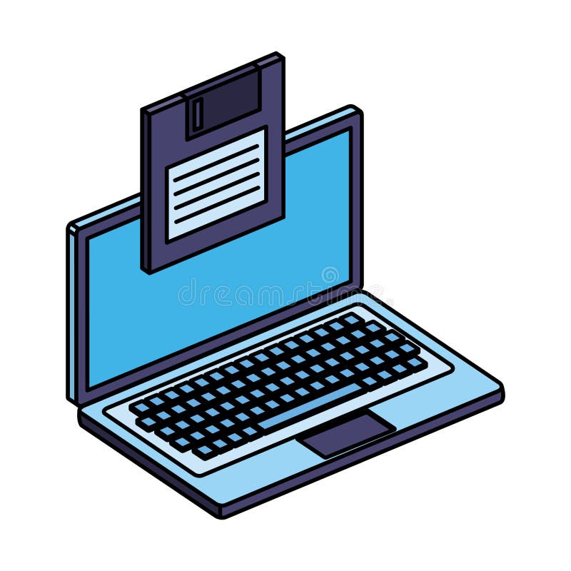 Laptop computer device with floppy disk vector illustration design