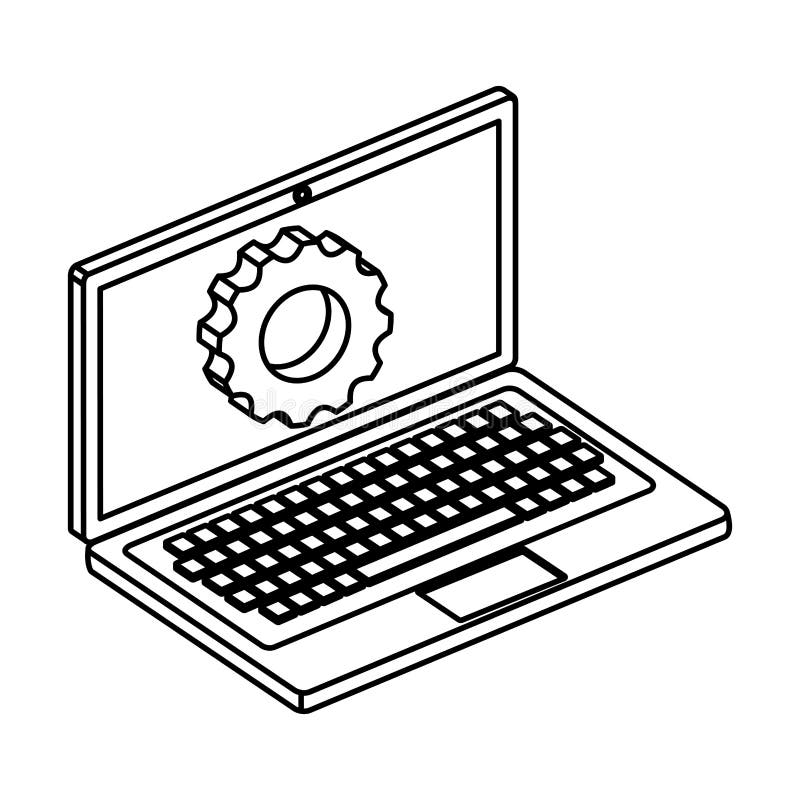 Laptop computer device with gear settings stock illustration