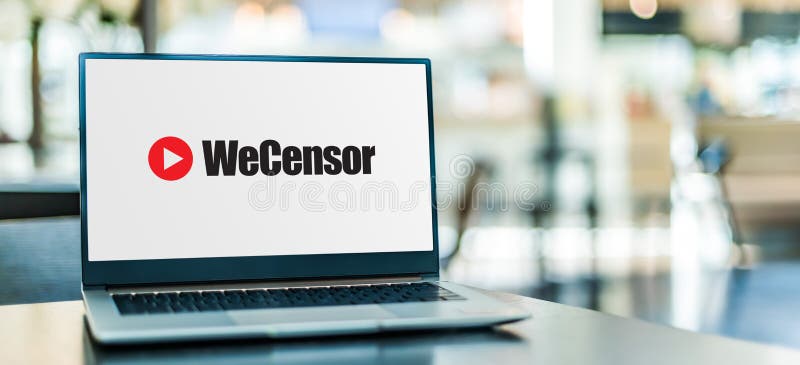 Laptop computer displaying "we censor" sign stock photos