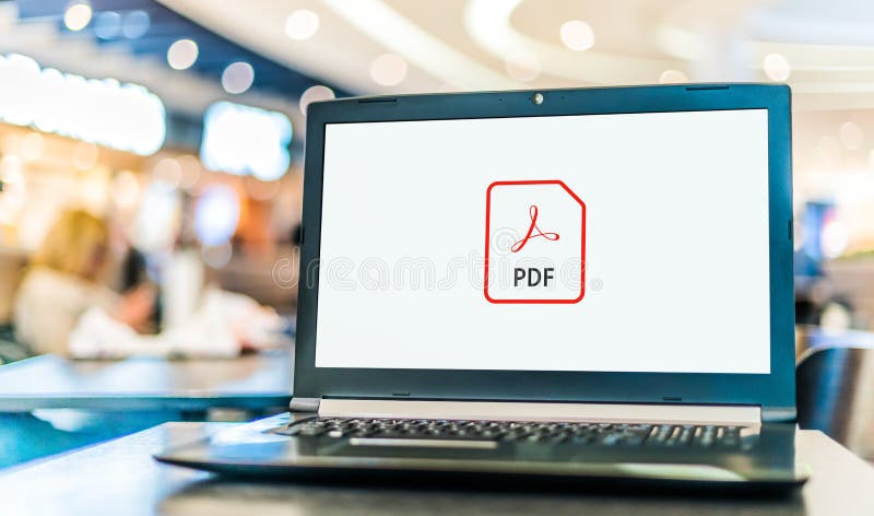 Laptop computer displaying logo of Adobe Acrobat file stock photography