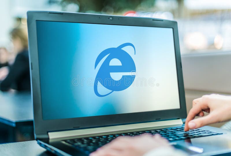 Laptop computer displaying logo of Internet Explorer royalty free stock image