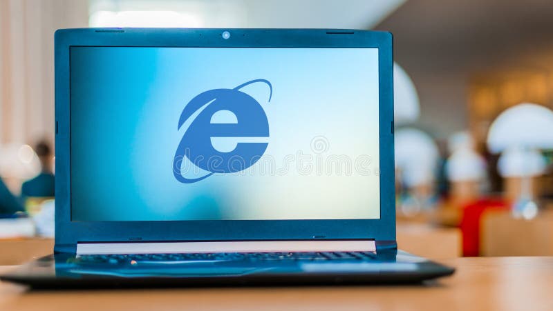 Laptop computer displaying logo of Internet Explorer stock photo