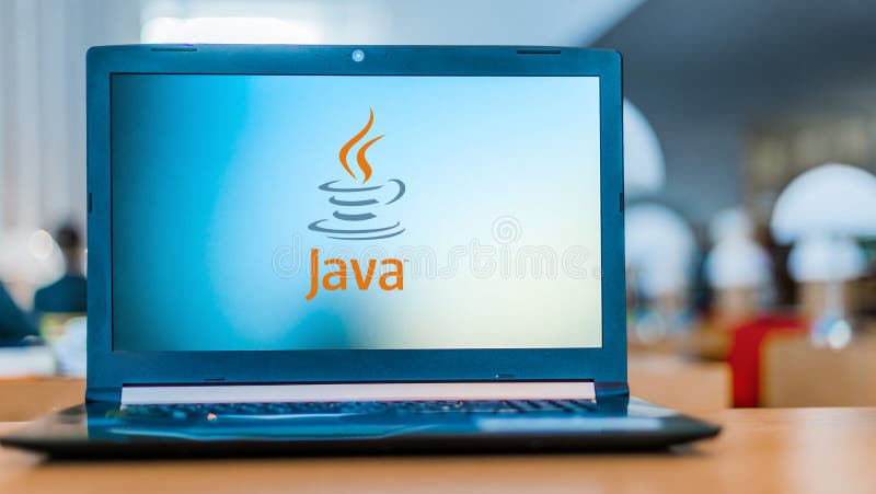 POZNAN, POL - FEB 22, 2020: Laptop computer displaying logo of Java, a general-purpose programming language developed by Sun Microsystems