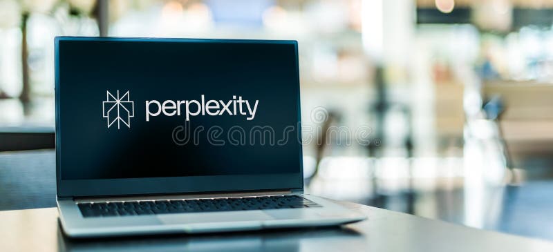 Laptop computer displaying logo of Perplexity AI royalty free stock image