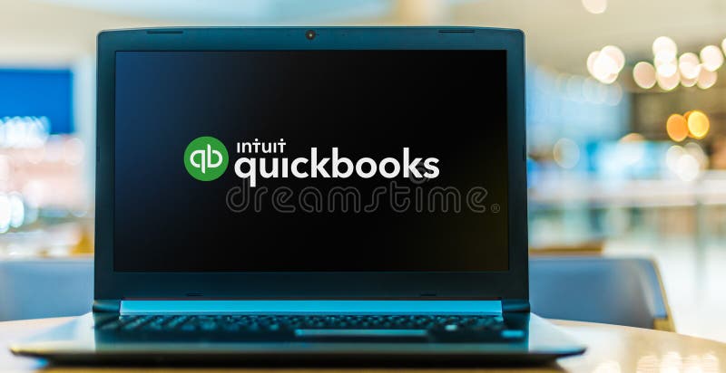 Laptop computer displaying logo of QuickBooks stock images