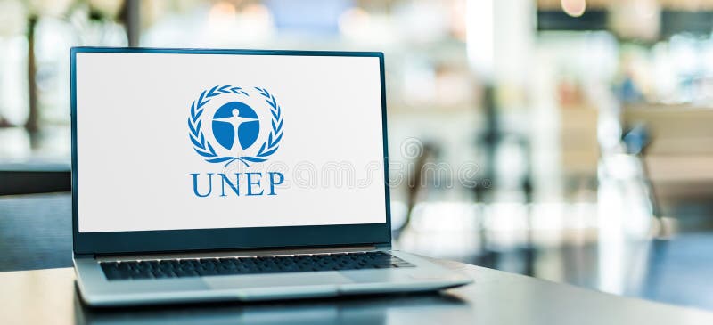 Laptop computer displaying logo of UNEP stock images.