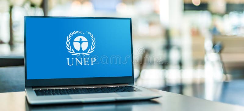 Laptop computer displaying logo of UNEP royalty free stock image.