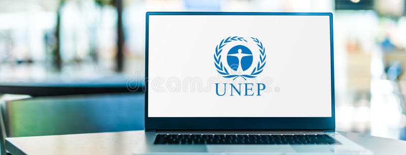 Laptop computer displaying logo of UNEP stock photo.