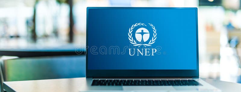 Laptop computer displaying logo of UNEP stock images.