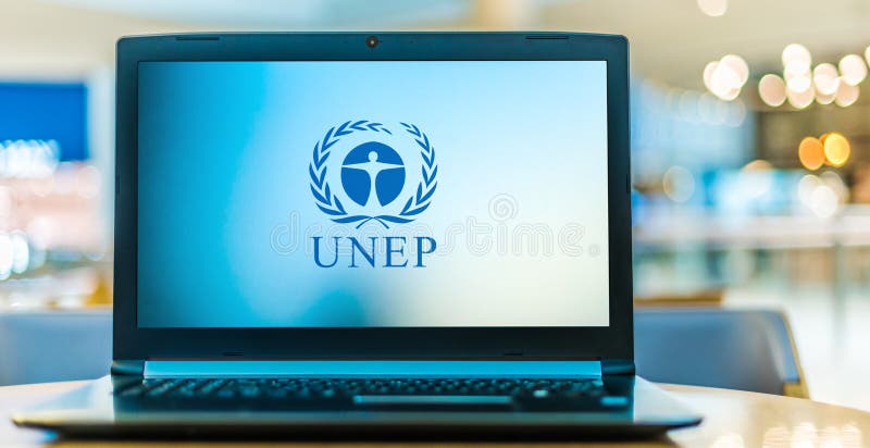 Laptop computer displaying logo of UNEP royalty free stock photo.