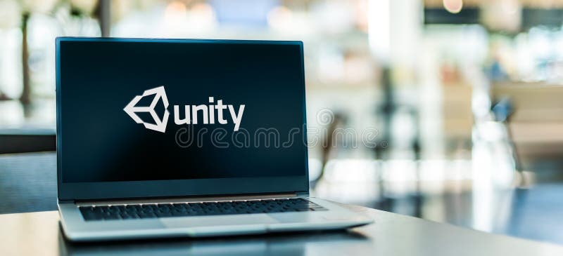 Laptop computer displaying logo of Unity Software Inc