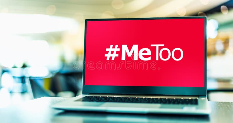 Laptop computer displaying the sign of MeToo movement stock photography