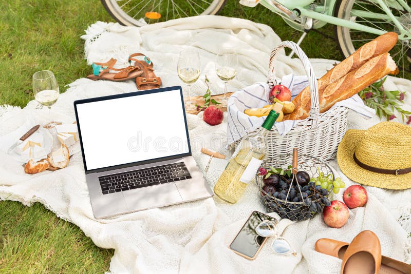 Laptop computer and french style outdoor picnic - wicker basket, wine and food