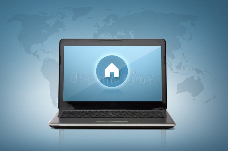 Laptop computer with house button on screen. Technology and advertisement concept - laptop computer with house buton on screen