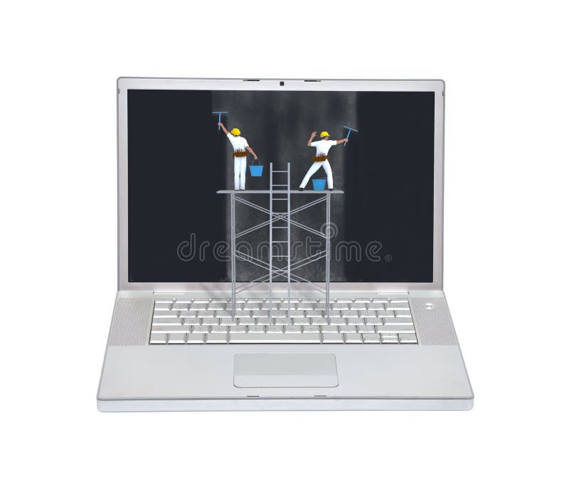 Conceptual image of Laptop computer maintenance with engineers cleaning out the dirt on monitor. Isolated in white. Laptop personal computer stock images, royalty-free photos and pictures