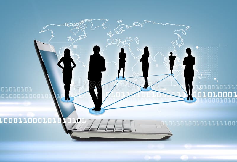 Laptop computer with map hologramm stock photo